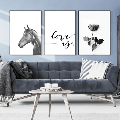 Cuadro Decorativo Moderno en Lienzo – Hojas, Caballo y Plantas en Blanco y Negro