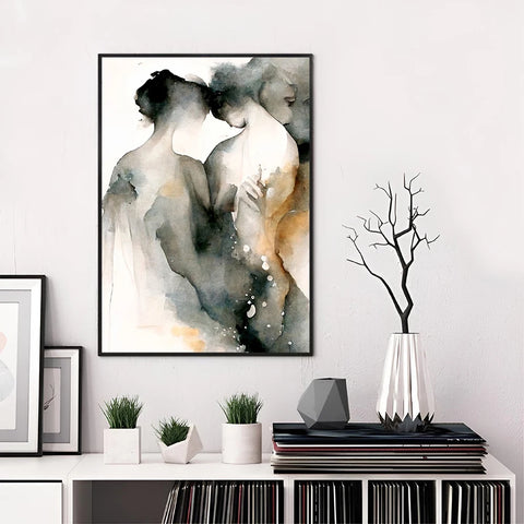 Arte romántico acuarela — Pareja y flores para dormitorio