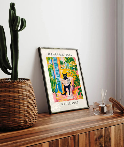 Gato negro en inodoro - Arte mural divertido estilo Matisse