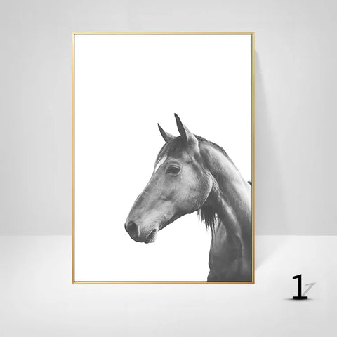 Cuadro Decorativo Moderno en Lienzo – Hojas, Caballo y Plantas en Blanco y Negro