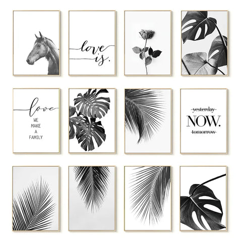 Cuadro Decorativo Moderno en Lienzo – Hojas, Caballo y Plantas en Blanco y Negro