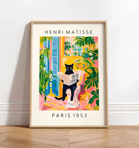 Gato negro en inodoro - Arte mural divertido estilo Matisse