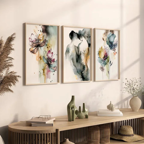 Arte romántico acuarela — Pareja y flores para dormitorio