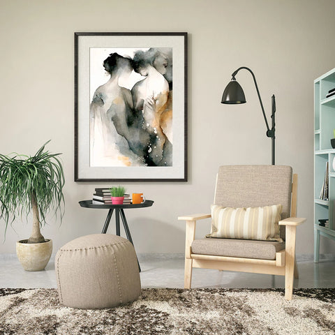 Arte romántico acuarela — Pareja y flores para dormitorio