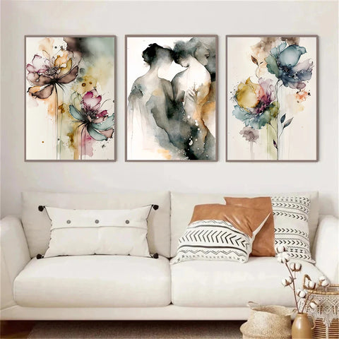 Arte romántico acuarela — Pareja y flores para dormitorio