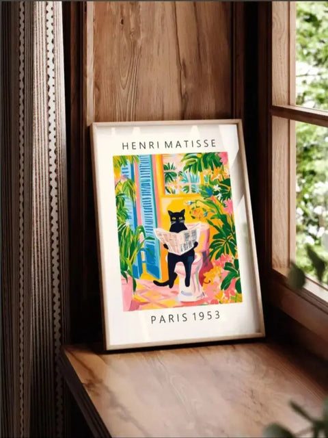 Gato negro en inodoro - Arte mural divertido estilo Matisse