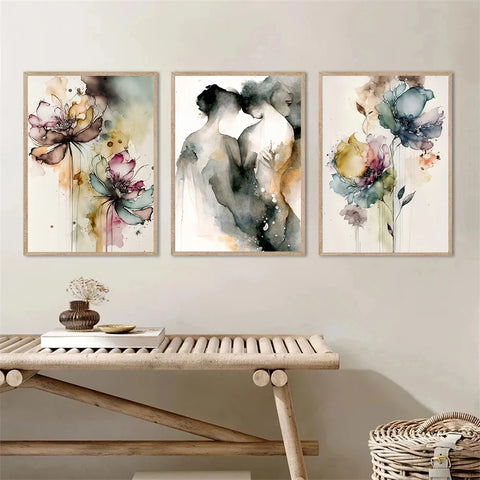Arte romántico acuarela — Pareja y flores para dormitorio