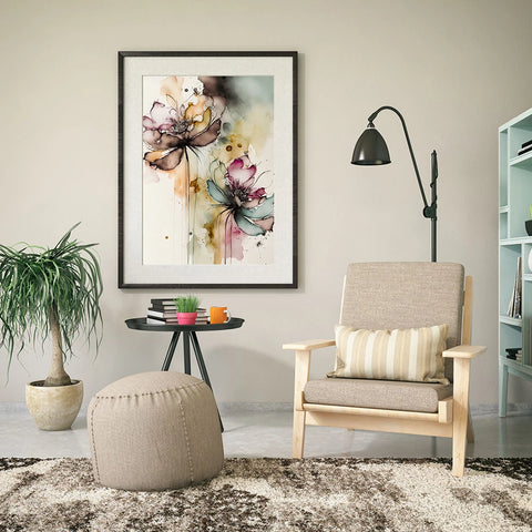 Arte romántico acuarela — Pareja y flores para dormitorio